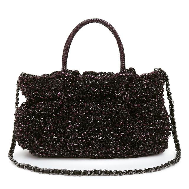 （美品）ANTEPRIMA アンテプリマ PB12F260E3 WIRE GLITTER ワイヤー グリッター PVC ビーズ スパンコール MELANZANA ダークパープル 3way チェーン ショルダー ハンドバッグ 斜め掛け ガンメタル金具