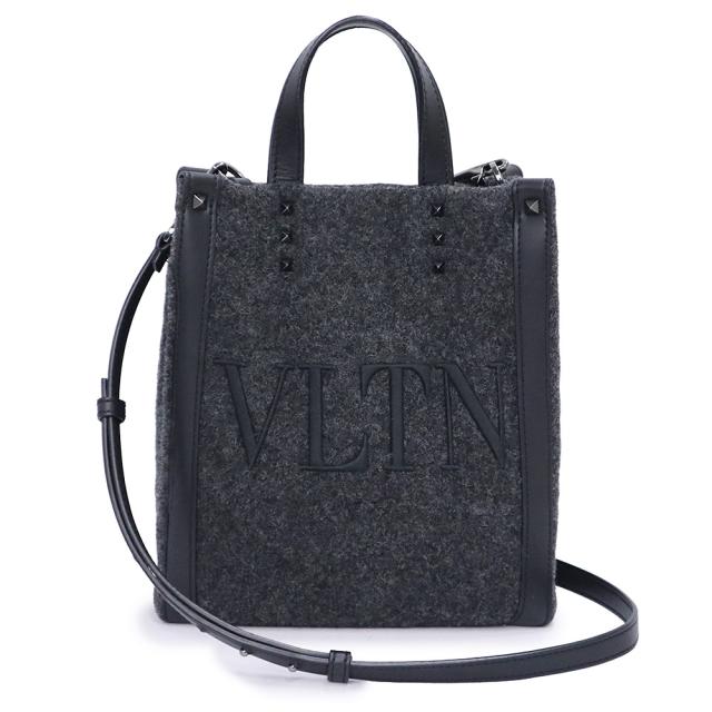 （美品）VALENTINO ヴァレンティノ 1Y2B0B78 VLTN ロゴ フェルト ミニ トート ウール レザー NERO ネロ ブラック GRIGIO ANTRACITE グリージオアントラチーテ チャコールグレー 2way ショルダー ハンドバッグ ガンメタル金具