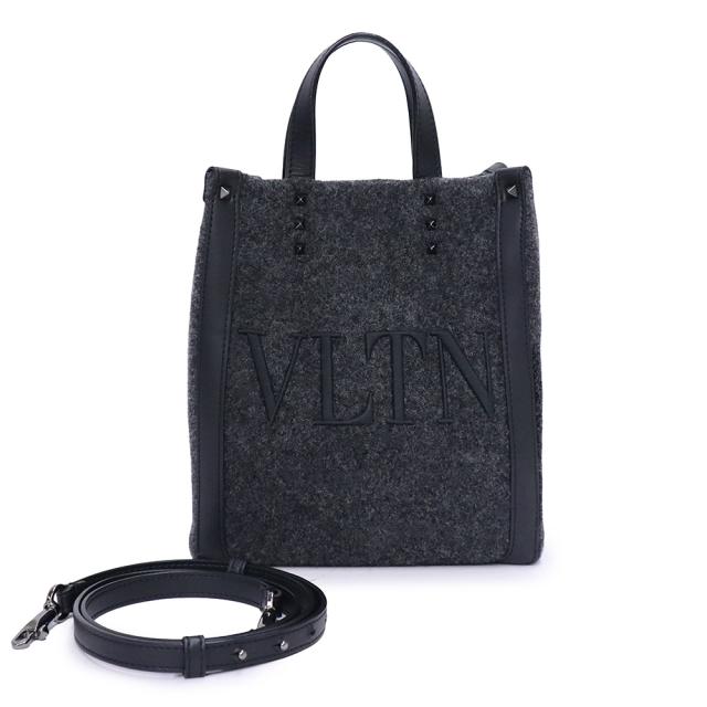 （美品）VALENTINO ヴァレンティノ 1Y2B0B78 VLTN ロゴ フェルト ミニ トート ウール レザー NERO ネロ ブラック GRIGIO ANTRACITE グリージオアントラチーテ チャコールグレー 2way ショルダー ハンドバッグ ガンメタル金具_1