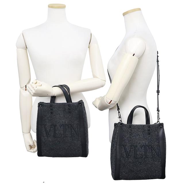 （美品）VALENTINO ヴァレンティノ 1Y2B0B78 VLTN ロゴ フェルト ミニ トート ウール レザー NERO ネロ ブラック GRIGIO ANTRACITE グリージオアントラチーテ チャコールグレー 2way ショルダー ハンドバッグ ガンメタル金具_7