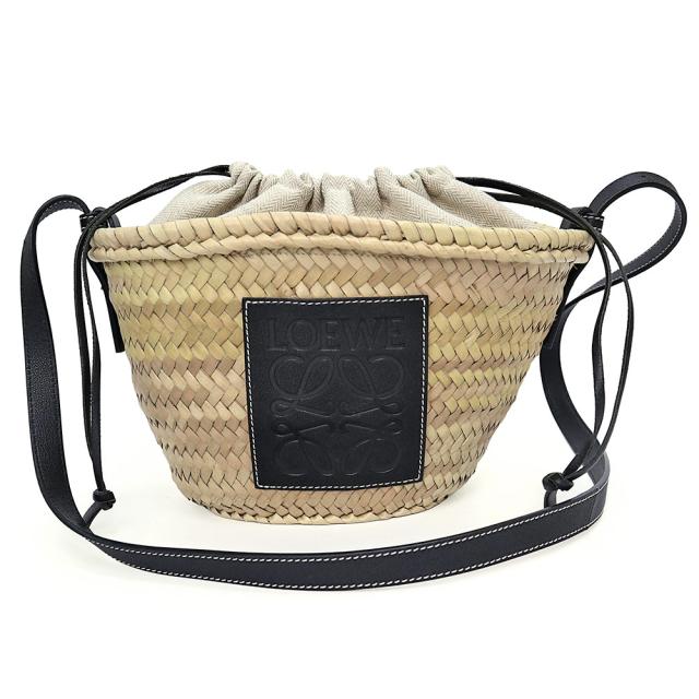 （未使用　展示品）LOEWE ロエベ A223222X01 ドローストリング バケット パームリーフ ヤシの葉 カーフスキン ナチュラル ベージュ ブラック かご ショルダーバッグ 斜め掛け レザー シルバー金具