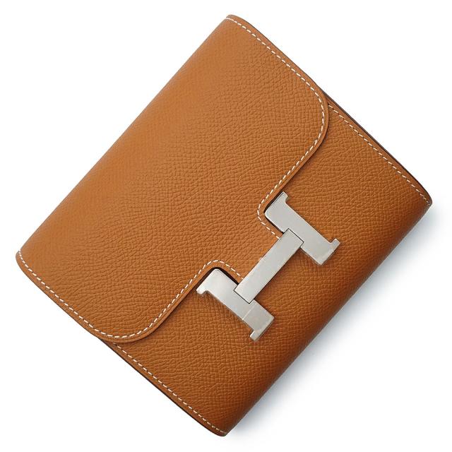 （新品・未当てはめる品）HERMES エルメス コンスタンス パウダーコンパクト 繰り返し ヴォーエプソン ゴールド 赤銅色 Y目じるし 二つ折り紙入れ ポシェット 車寄せ 酉の方角御徒面子 なめし革 しろがね色金具 箱付