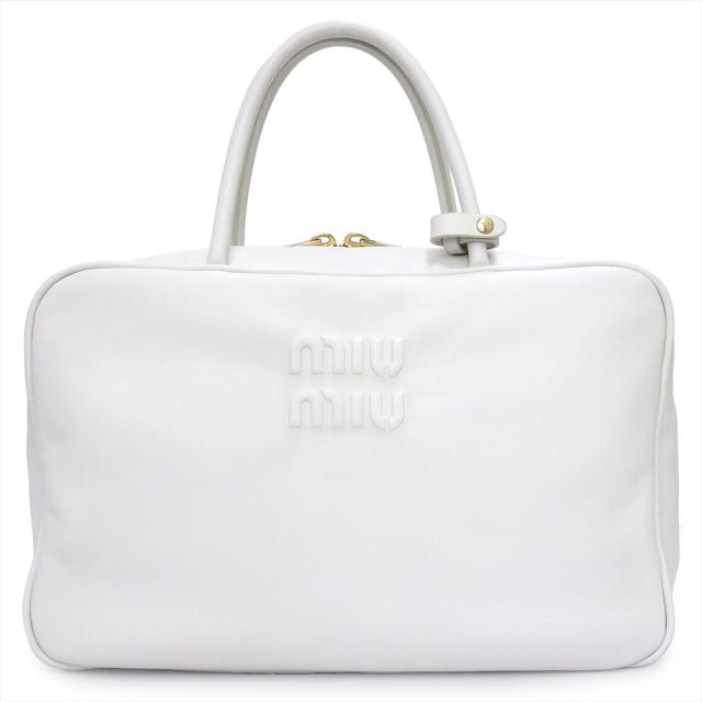 （美品）miu miu ミュウミュウ 5BB117 ボー ボウリングバッグ カーフスキン ビアンコ ホワイト ハンドバッグ レザー ゴールド金具