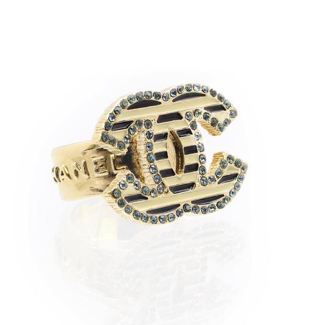 （中古）CHANEL シャネル ココマーク ラインストーン ボーダー ゴールド ブラック ホワイト リング 指輪 #12号