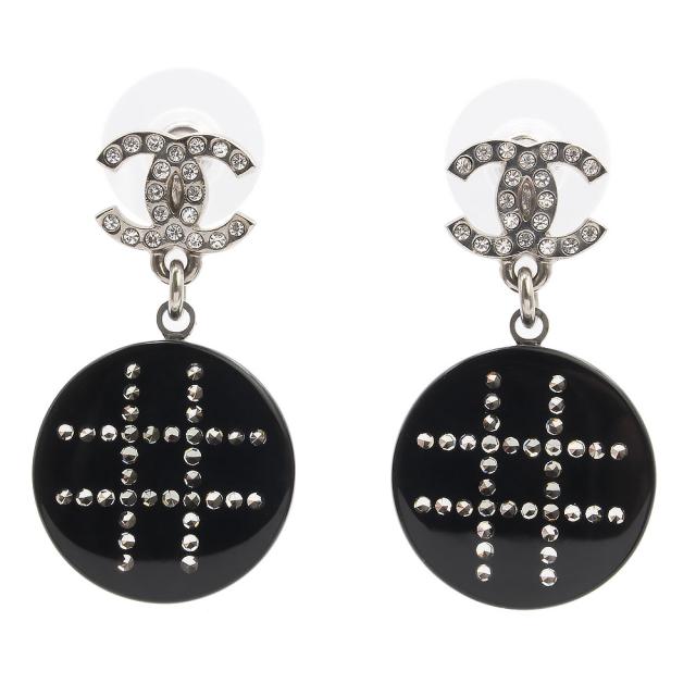 （未使用　展示品）CHANEL シャネル A44958 ラインストーン ココマーク ラウンド スイング レジン ブラック シルバー ピアス