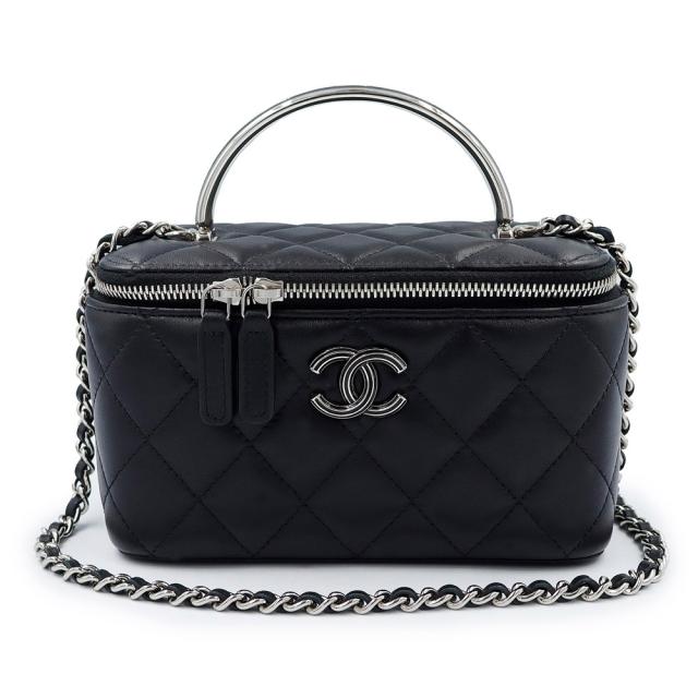 （未使用　展示品）CHANEL シャネル AP3747 ココマーク マトラッセ ロング ヴァニティケース 化粧ポーチ ラムスキン ブラック 2WAY チェーン ショルダー ハンドバッグ 斜め掛け レザー シルバー金具