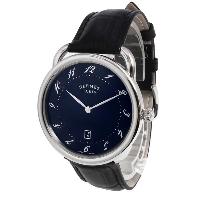 （美品）HERMES エルメス AR7Q.810 アルソー ステンレススチール 型押しレザー ブラック クオーツ 腕時計 シルバー金具 箱付