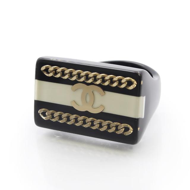 （美品）CHANEL シャネル ココマーク チェーン ボーダー スクエア レジン ブラック ホワイト ゴールド リング 指輪 #12号 箱付