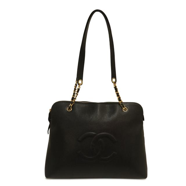（中古）CHANEL シャネル CCロゴ チェーン トートバッグ キャビアスキン ブラック ショルダーバッグ レザー ゴールド金具