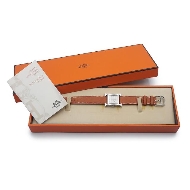 （美品）HERMES エルメス Hウォッチ ミニ 21mm クオーツ ステンレススチール ヴォーエプソン ゴールド ブラウン □J刻印 腕時計 レザー シルバー金具_1