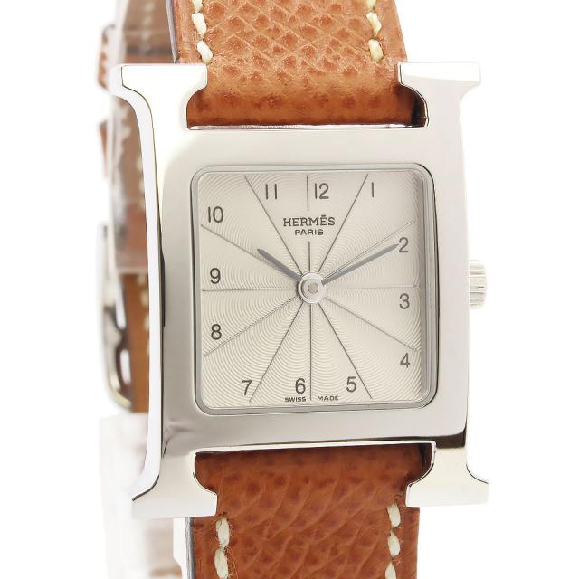 （美品）HERMES エルメス Hウォッチ ミニ 21mm クオーツ ステンレススチール ヴォーエプソン ゴールド ブラウン □J刻印 腕時計 レザー シルバー金具_2