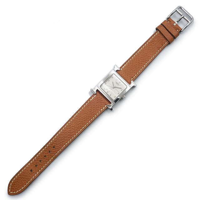 （美品）HERMES エルメス Hウォッチ ミニ 21mm クオーツ ステンレススチール ヴォーエプソン ゴールド ブラウン □J刻印 腕時計 レザー シルバー金具_4