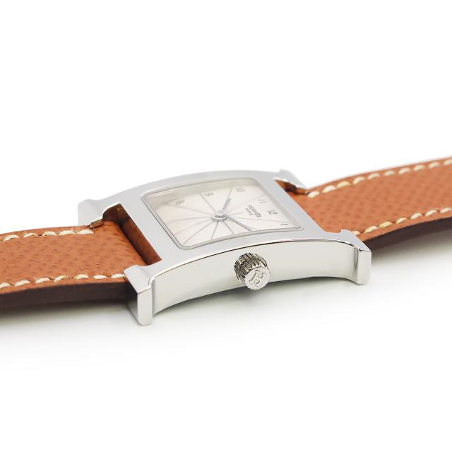（美品）HERMES エルメス Hウォッチ ミニ 21mm クオーツ ステンレススチール ヴォーエプソン ゴールド ブラウン □J刻印 腕時計 レザー シルバー金具_7