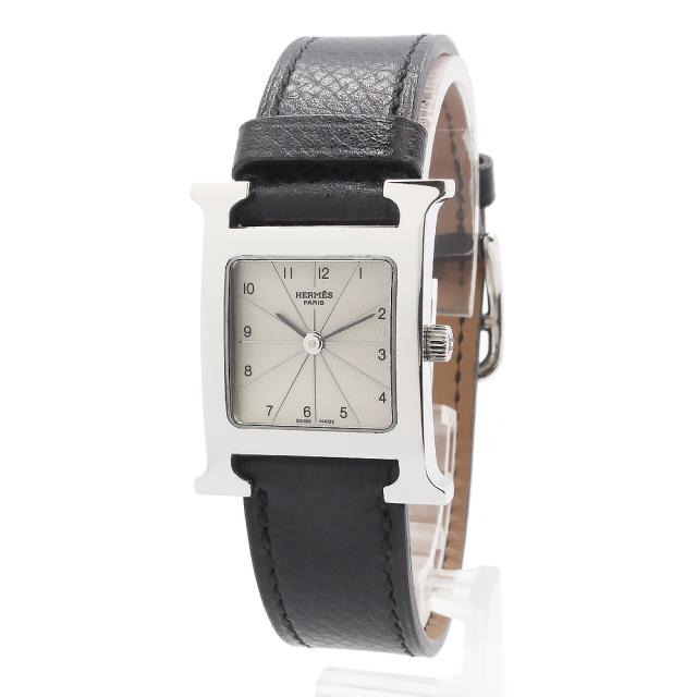 （中古）HERMES エルメス HH1.210 Hウォッチ ミニ 21mm クオーツ ステンレススチール ヴォーエプソン ノワール ブラック □G刻印 腕時計 レザー シルバー金具