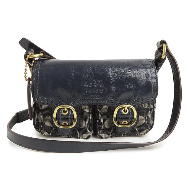 （中古）COACH コーチ 12534 ブリーカー シグネチャー ジェシー パテント エナメル デニム レザー ネイビー ショルダーバッグ 斜め掛け ゴールド金具