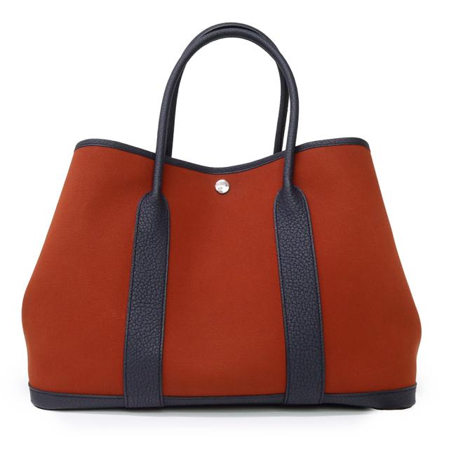 （美品）HERMES エルメス ガーデンパーティ PM 36 ヴェルソ トワルオフィシエ ネゴンダ ブラウン キュイーブル ブルーインディゴ カプシーヌ Z刻印 ハンドバッグ キャンバス レザー シルバー金具