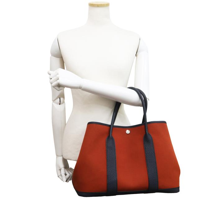 （美品）HERMES エルメス ガーデンパーティ PM 36 ヴェルソ トワルオフィシエ ネゴンダ ブラウン キュイーブル ブルーインディゴ カプシーヌ Z刻印 ハンドバッグ キャンバス レザー シルバー金具_6