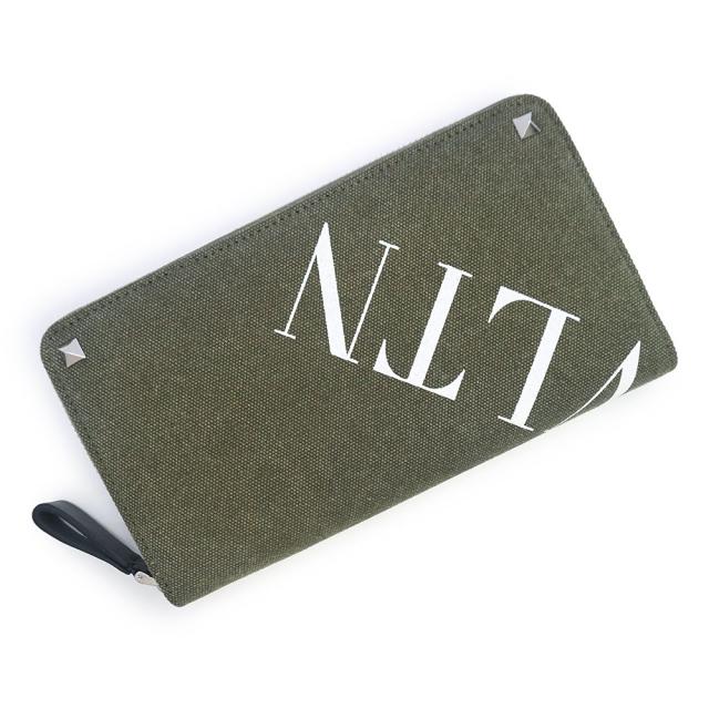 （新品・未使用品）Valentino Garavani ヴァレンティノ ガラヴァーニ PY0P0570 VLTN ロゴ キャンバス レザー カーキ ホワイト ラウンドファスナー 長財布 シルバー金具 箱付
