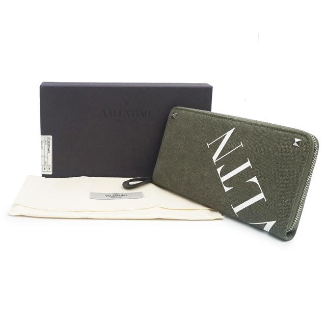 （新品・未使用品）Valentino Garavani ヴァレンティノ ガラヴァーニ PY0P0570 VLTN ロゴ キャンバス レザー カーキ ホワイト ラウンドファスナー 長財布 シルバー金具 箱付_1