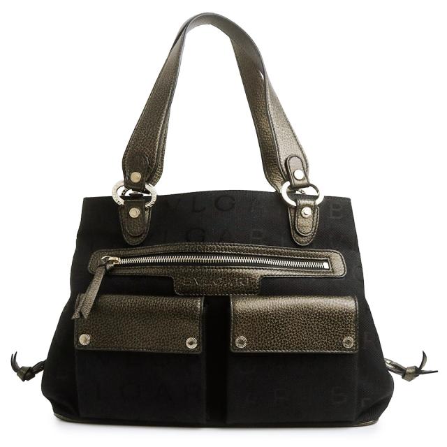 （美品）BVLGARI ブルガリ 29612 ロゴマニア マキシレッタレ ベッキー キャンバス レザー ブラック ハンドバッグ ゴールド金具