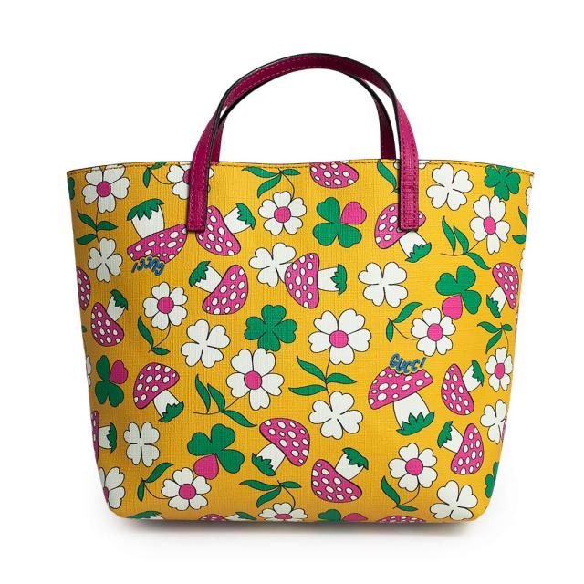 （未使用　展示品）GUCCI グッチ 410812 チルドレンズ マッシュルーム キノコ フラワー 花柄 PVCコーティングキャンバス イエロー ピンク グリーン ハンドバッグ シルバー金具