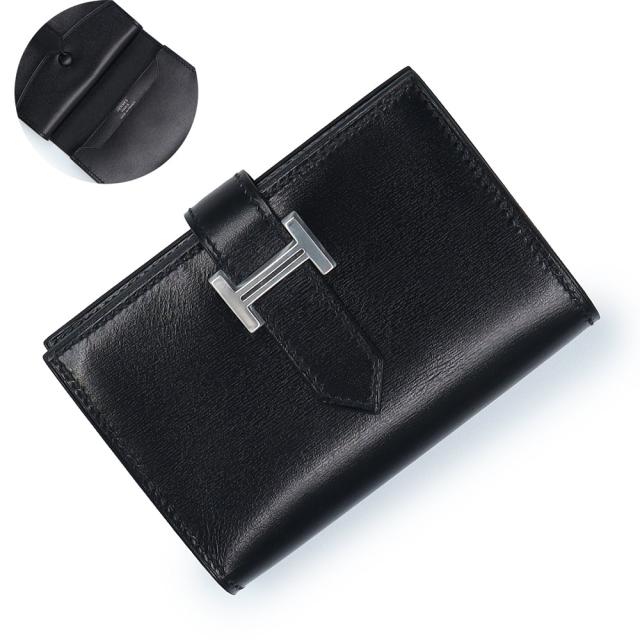（未使用　展示品）HERMES エルメス ベアン ミニ ボックスカーフ Noir ノワール ブラック W刻印 コインケース 小銭入れ カードケース パスケース 名刺入れ 定期入れ 二つ折り財布 レザー シルバー金具 箱付