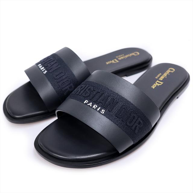 (未使用保管品)Christian Dior クリスチャンディオール Dway スライド レザー ブラック ネイビー サンダル 靴 #37 24cm