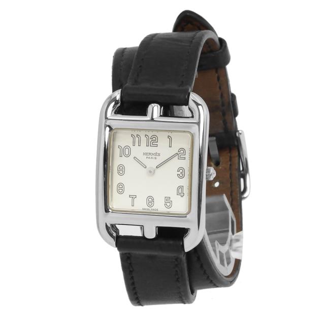 （中古）HERMES エルメス CC1.210 ケープコッド PM 31mm ドゥブルトゥール 2重巻き ステンレススチール ノワール ブラック シルバー □D刻印 クオーツ 腕時計 レザー