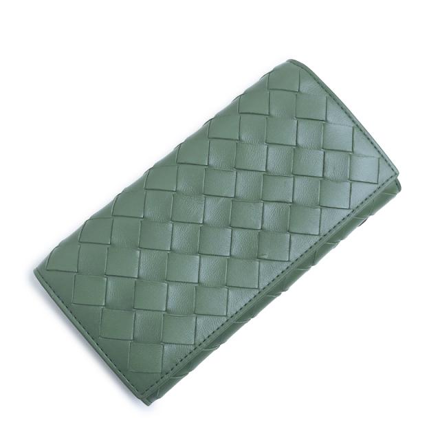 （美品）BOTTEGA VENETA ボッテガヴェネタ 742936 イントレチャート ラージ フラップウォレット ラムスキン カーフスキン アロエ グリーン 長財布 レザー レザー ゴールド金具