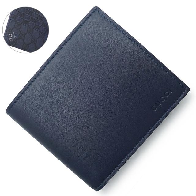 （新品・未使用品）GUCCI グッチ 818946 日本限定 GGエンブレム ブラック インテリア スムースレザー GGスプリームキャンバス ダークブルー ネイビー 二つ折り財布 シルバー金具 箱付