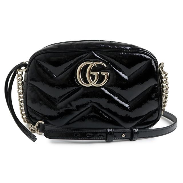 （新品・未使用品）GUCCI グッチ 802448 GGマーモント エナメル チェーン シェブロン キルティング パテントレザー ブラック ショルダーバッグ 斜め掛け ゴールド金具