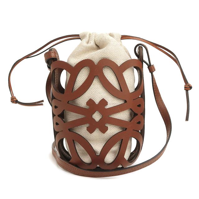 （美品）LOEWE ロエベ C922Y62X07 アナグラム カットアウト ポケット クラシックカーフ キャンバス タン ブラウン エクリュ ベージュ ショルダーバッグ 斜め掛け レザー