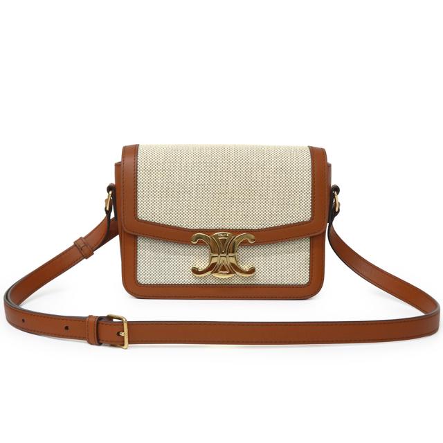 （美品）CELINE セリーヌ 188882EGC ティーン トリオンフ キャンバス カーフスキン ナチュラル タン ベージュ ブラウン ショルダーバッグ 斜め掛け レザー ゴールド金具
