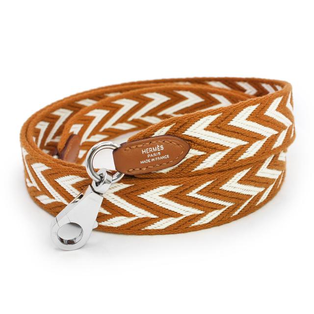 （未使用　展示品）HERMES エルメス バンドリエール サングル ジグザグ 25mm キャンバス ヴォースイフト ゴールド ブラン ブラウン ホワイト B刻印 ショルダーストラップ 105cm レザー シルバー金具 箱付