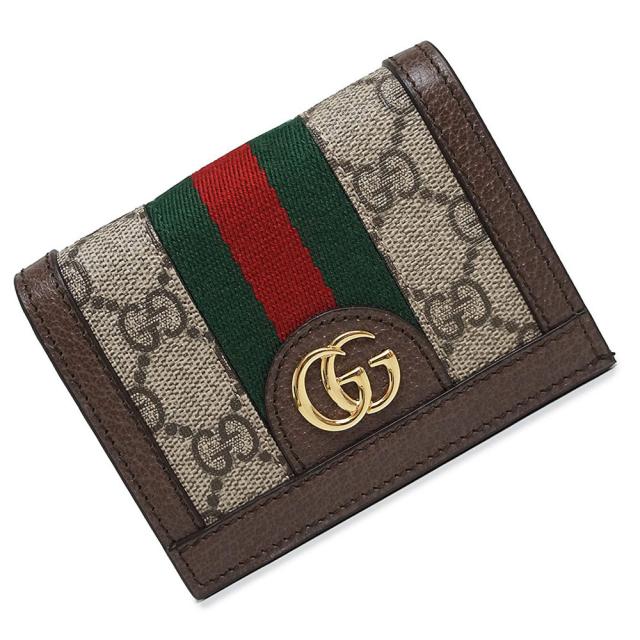 （新品・未使用品）GUCCI グッチ 523155 オフィディア GG カードケース GGスプリームキャンバス カーフスキン ベージュ エボニー ブラウン コンパクト 二つ折り財布 レザー ゴールド金具 箱付