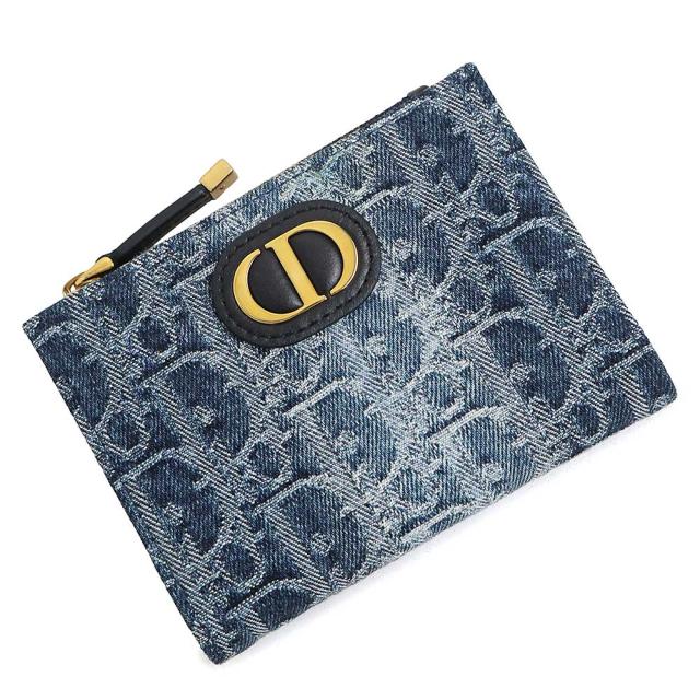 （新品・未使用品）Christian Dior クリスチャンディオール S2197UDCE 30 Montaigne Dahlia モンテーニュ ダリア ウォレット オブリーク ジャカード コットンキャンバス カーフスキン ブルーデニム ネイビー 二つ折り財布 レザー ゴールド金具