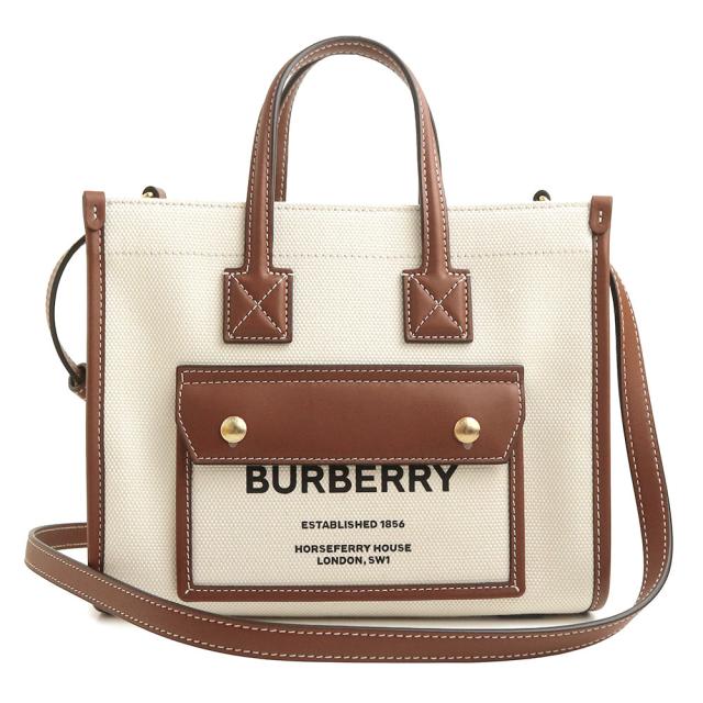 （未使用　展示品）BURBERRY バーバリー 8044143 ミニ フレヤ トート コットンキャンバス カーフスキン ベージュ タン ブラウン 2way ショルダー ハンドバッグ 斜め掛け レザー ゴールド金具