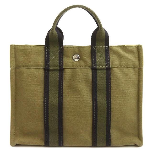 （美品）HERMES エルメス フールトゥ PM キャンバス カーキ ネイビー トート ハンドバッグ シルバー金具
