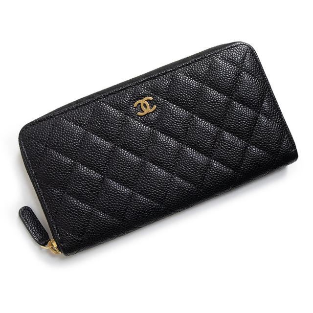 （美品）CHANEL シャネル A50097 マトラッセ ラウンドファスナー ジップウォレット キャビアスキン ブラック 長財布 レザー ゴールド金具
