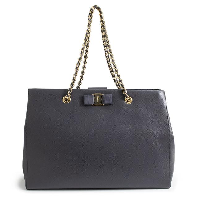 （美品）Salvatore Ferragamo サルヴァトーレフェラガモ AB-21 ヴァラリボン レザー グレー チェーン トートバッグ ゴールド金具