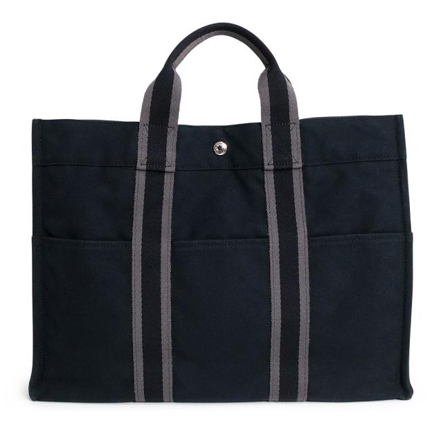 （中古）HERMES エルメス フールトゥ MM トート キャンバス ブラック グレー ハンドバッグ シルバー金具
