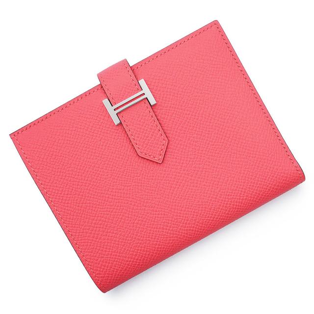 （新品・未当てはめる品）HERMES エルメス ベアン パウダーコンパクト ヴォーエプソン ローズアザレ さくら色 K目じるし 二つ折り紙入れ なめし革 しろがね色金具