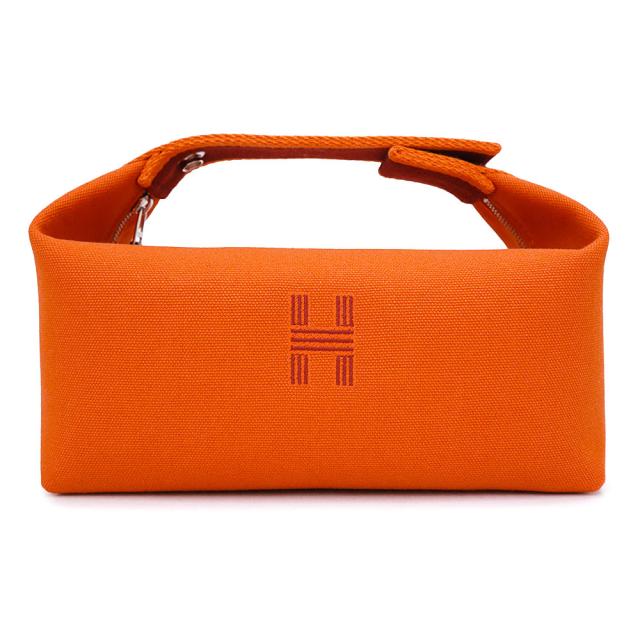 （未使用保管品）HERMES エルメス ブリッド ア ブラック PM コットン100％ キャンバス ORANGE FEU オランジュ フー オレンジ バニティ ポーチ セカンド ハンドバッグ シルバー金具