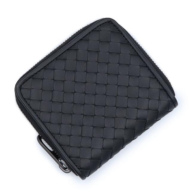 （未使用　展示品）BOTTEGA VENETA ボッテガヴェネタ 510293 イントレチャート コンパクト ウォレット ラウンドファスナー カーフスキン ブラック 二つ折り財布 レザー ガンメタル金具 箱付