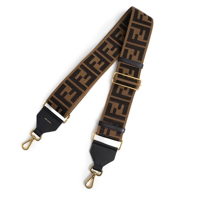 （未使用　展示品）FENDI フェンディ 8AV134 ストラップ ユー FFロゴ ファブリック カーフスキン ブラウン ショルダーストラップ レザー ゴールド金具