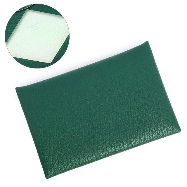 （新品・未使用品）HERMES エルメス カルヴィ ヴェルソ シェブル シェーブルミゾール ヴェールモワイヤン ヴェールフィズ グリーン K刻印 カードケース パスケース 名刺入れ 定期入れ レザー シルバー金具 箱付