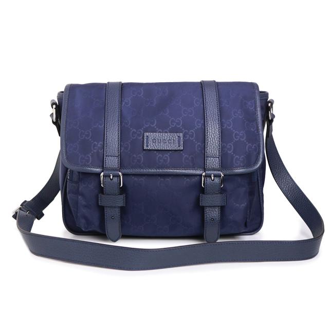 （未使用　展示品）GUCCI グッチ 510335 GGナイロン レザー ブルー メッセンジャー ショルダーバッグ 斜め掛け シルバー金具
