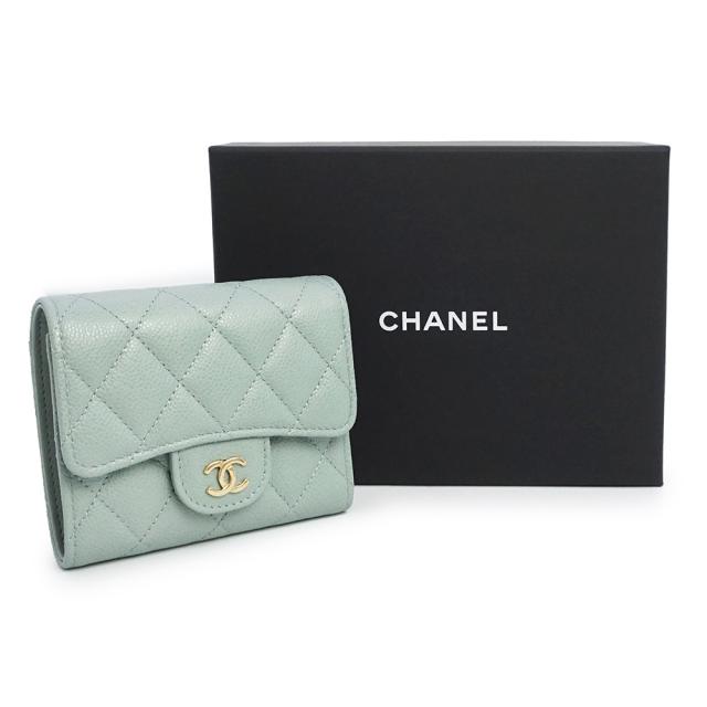 （新品・未使用品）CHANEL シャネル AP0229 マトラッセ クラシック スモール フラップ ウォレット キャビアスキン グレイッシュスモーキーグリーン コンパクト 三つ折り財布 レザー ゴールド金具 箱付