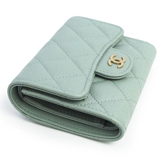 （新品・未使用品）CHANEL シャネル AP0229 マトラッセ クラシック スモール フラップ ウォレット キャビアスキン グレイッシュスモーキーグリーン コンパクト 三つ折り財布 レザー ゴールド金具 箱付