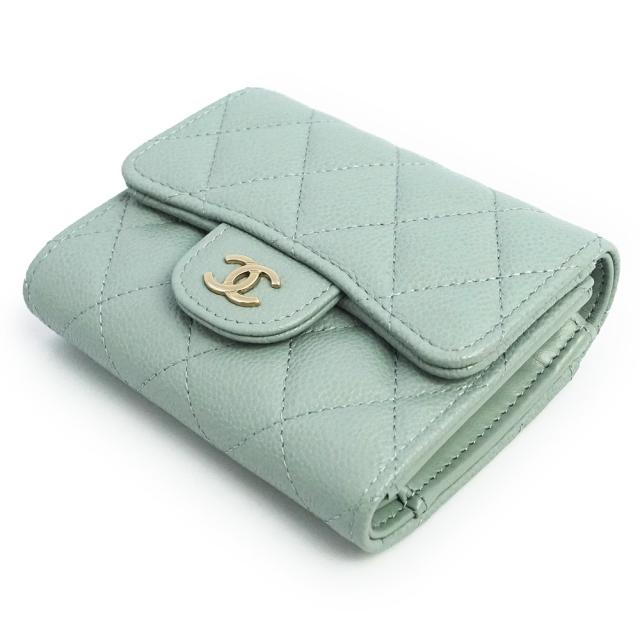 （新品・未使用品）CHANEL シャネル AP0229 マトラッセ クラシック スモール フラップ ウォレット キャビアスキン グレイッシュスモーキーグリーン コンパクト 三つ折り財布 レザー ゴールド金具 箱付